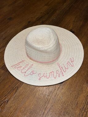 Hello Sunshine Pink Embroidery Straw Floppy Summer Beach Hat One Size